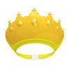 A yellow adjustable baby shampoo crown with a crown shape and a silicone bath visor.
