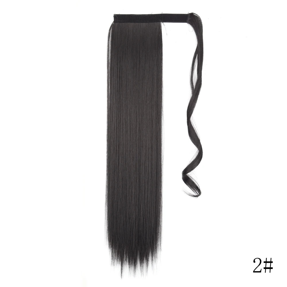 Black straight hair extension in a long ponytail with a wrap-around clip