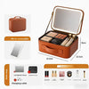 A brown LED lighted makeup bag with a mirror and various cosmetic compartments shown open.