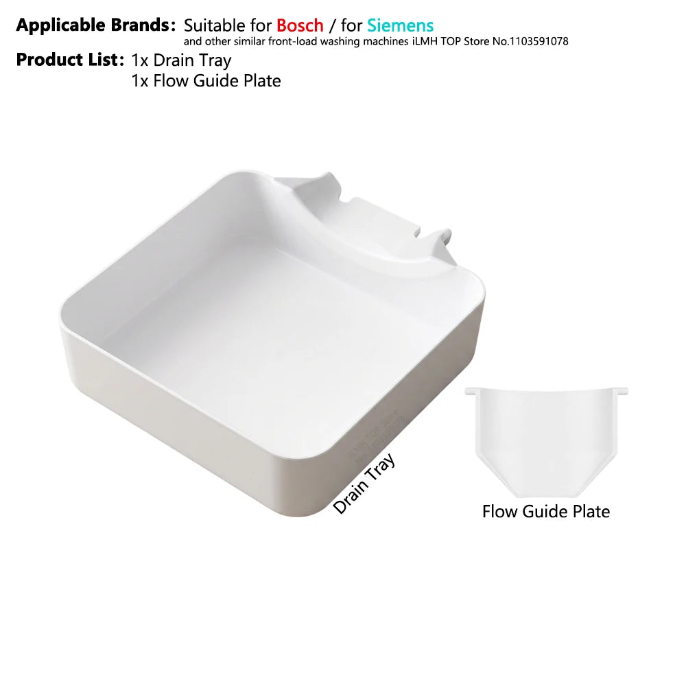 White drain tray and flow guide plate for washing machine filters