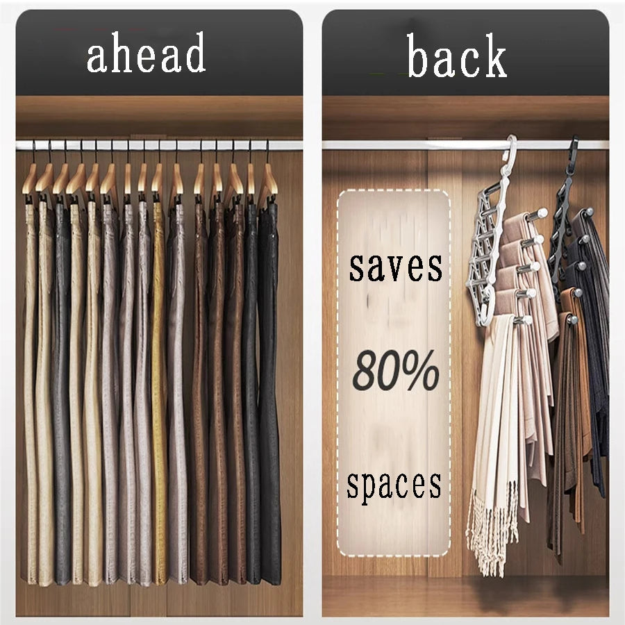 Perchero plegable para pantalones visto desde el frente y detrás, mostrando opciones de almacenamiento que ahorran espacio.
