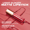 A tube of light cloudy matte lipstick in a glossy pink shade is shown against a red background.