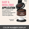 A cosmetic product display showing a powder in a compact, with a built-in mirror and a puff applicator.