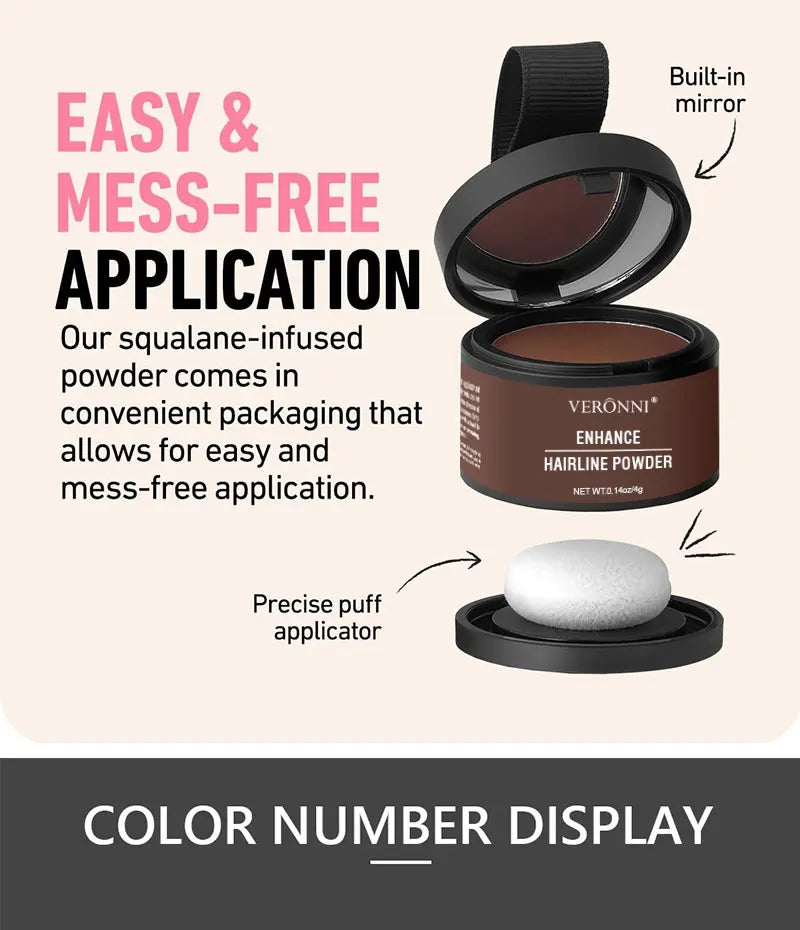A cosmetic product display showing a powder in a compact, with a built-in mirror and a puff applicator.