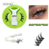 A set of magnetic eyelash extensions with a precision tweezer and various lash lengths shown on a green background.