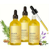 Three glass bottles of EELHOE Rosemary Hair Growth Oil with dropper applicator and natural ingredients