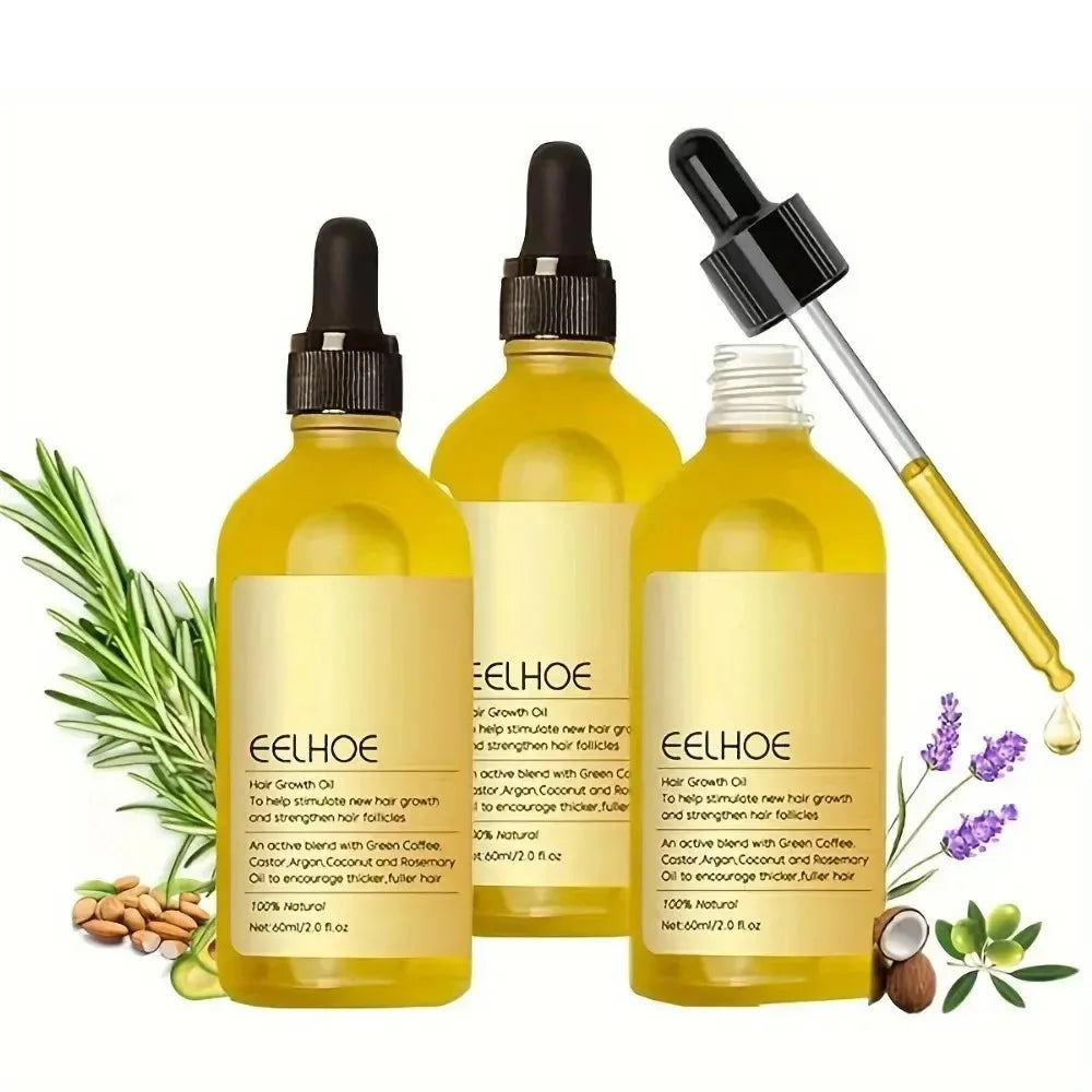 Three glass bottles of EELHOE Rosemary Hair Growth Oil with dropper applicator and natural ingredients
