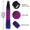 A long purple and blue gradient pre-braided ponytail extension with a no-trace rubber band and natural end.