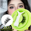 A close-up of a woman applying magnetic false eyelashes using a white precision tweezer on a bright green plastic tool.