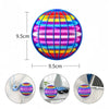 A colorful, spherical LED flying orb toy with a grid pattern, shown in various contexts.