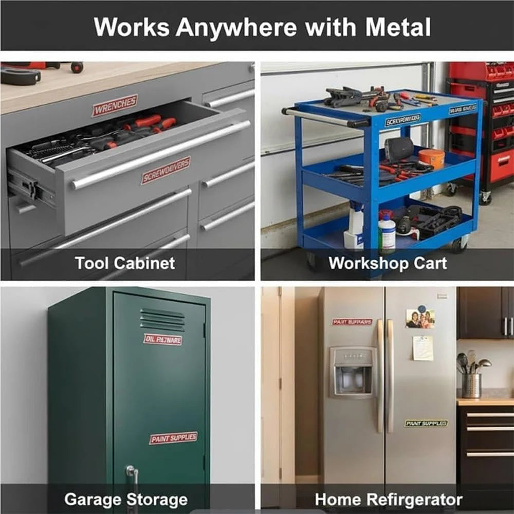 Magnetische Werkzeugkasten-Etiketten, verwendet an einem Werkzeugschrank, einem Werkstattwagen und einem Haushaltskühlschrank