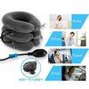 A gray inflatable cervical neck traction pillow shown in various contexts including home, office, travel, and driving.
