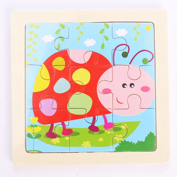 A colorful wooden puzzle featuring a red and pink dinosaur character on a blue background.