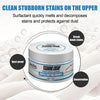 A jar of Jue-Fish Cleaning Cream for shoe cleaning is shown with surrounding water droplets and text promoting stain removal.
