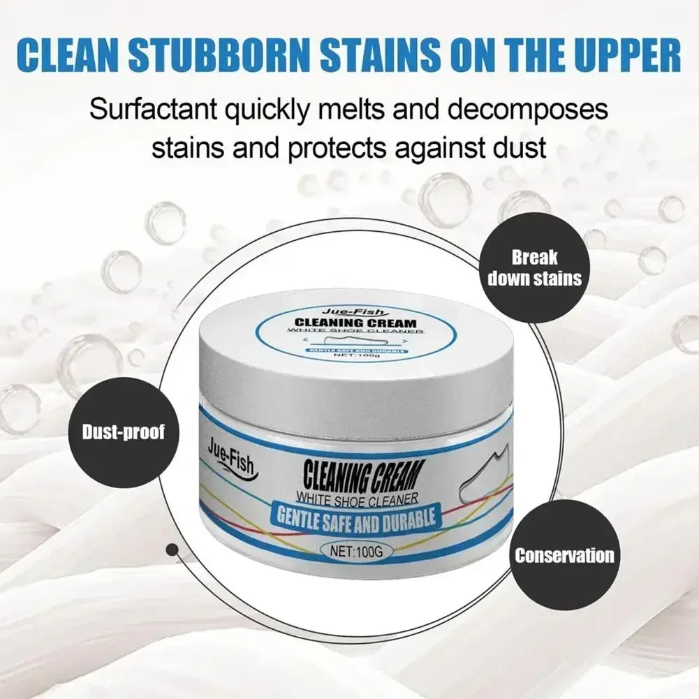 A jar of Jue-Fish Cleaning Cream for shoe cleaning is shown with surrounding water droplets and text promoting stain removal.