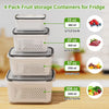 Pile de quatre contenants en plastique transparent pour fruits, avec paniers amovibles, idéaux pour organiser le frigo.