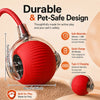Bola para gato roja interactiva con agarre de silicona y carcasa transparente sobre fondo beige.