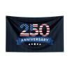 Et mørkt flagg med tallet 250 og ordet jubileum, med et amerikansk flaggdesign.