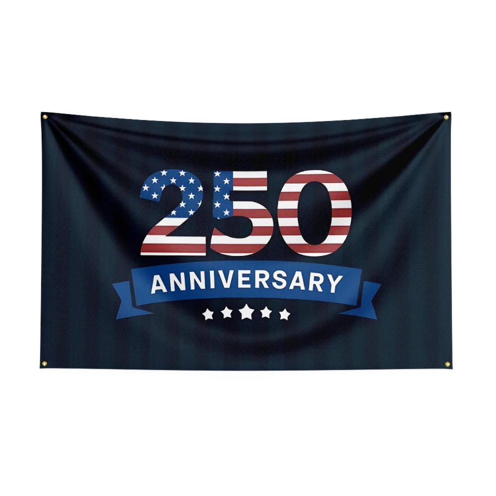 Et mørkt flagg med tallet 250 og ordet jubileum, med et amerikansk flaggdesign.