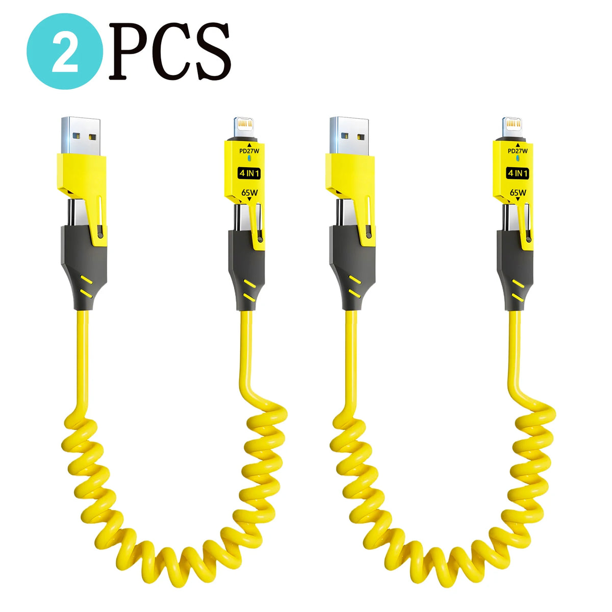 Two yellow retractable USB-C fast charging cables with 65W power delivery