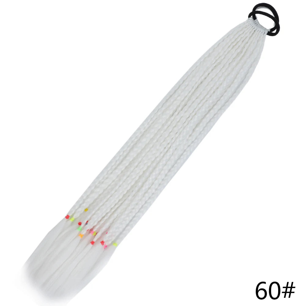 White gradient pre-braided ponytail extension with an elastic band.