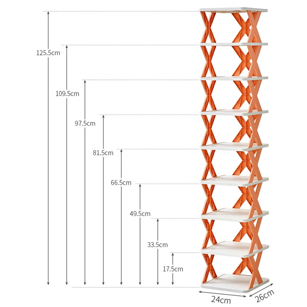 A vertical modular stackable shoe rack with orange and white wooden slats and a diamond pattern.