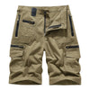 Khaki men's cotton cargo shorts featuring multiple pockets and a vertical zipper detail.