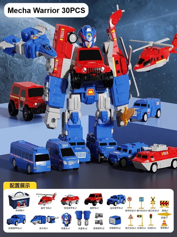 Mecha Warrior 30 pieces toy set featuring various red and blue vehicles and robots