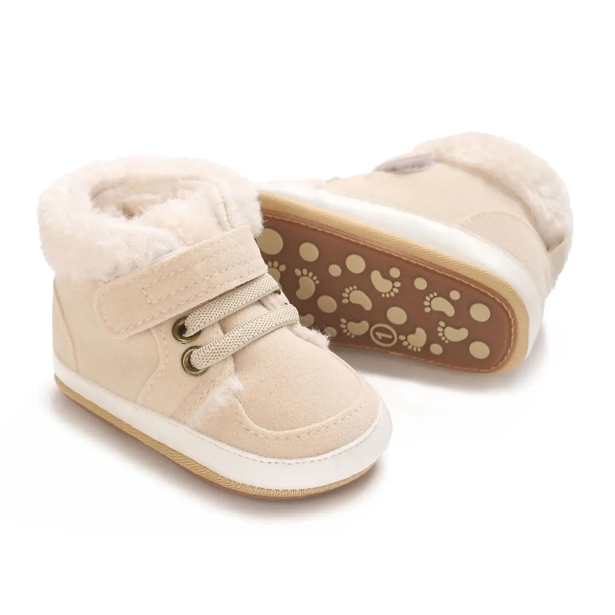 A pair of beige faux fur baby winter snow boots for toddlers, shown in a side view.