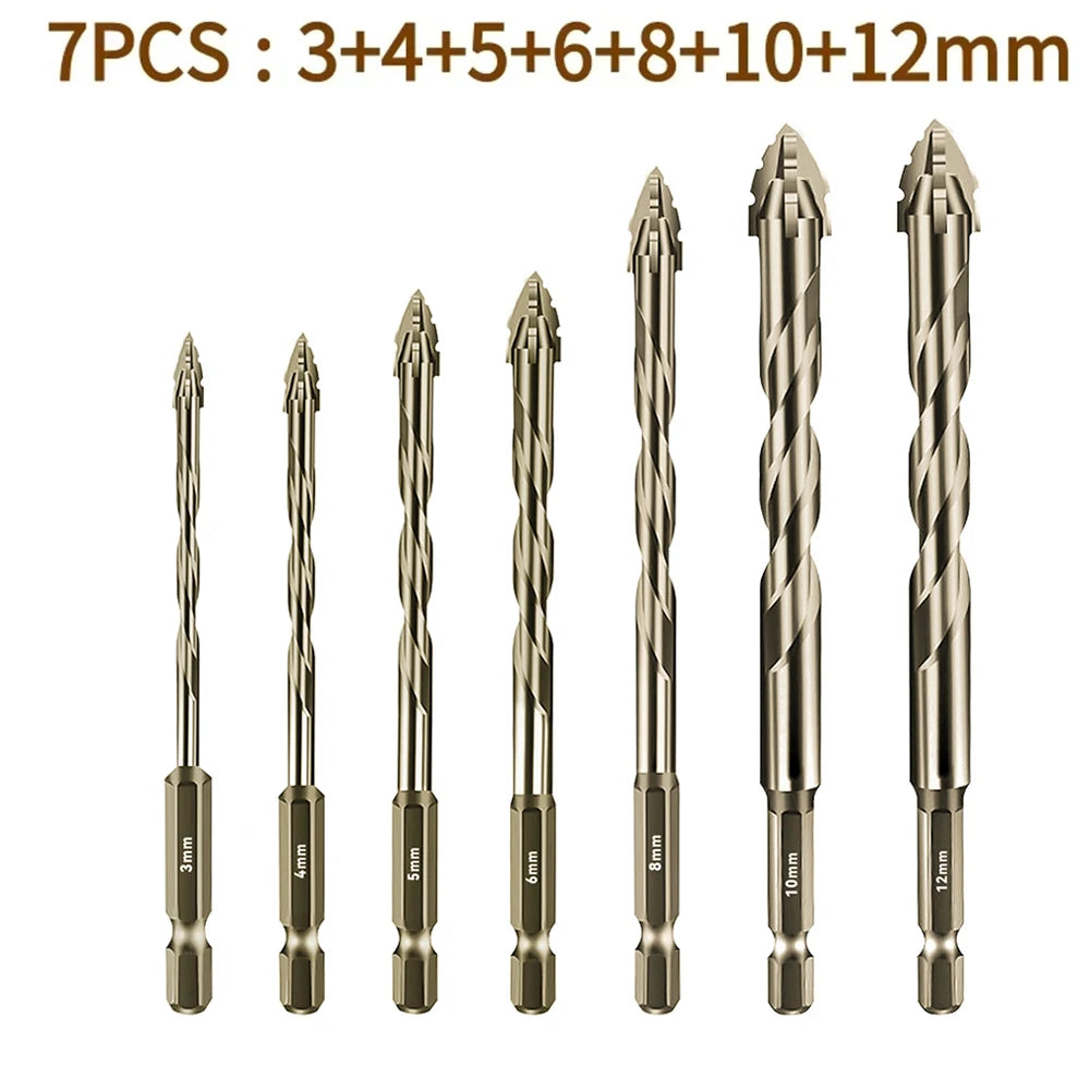 A set of seven serrated drill bits with varying diameters from 3mm to 12mm.