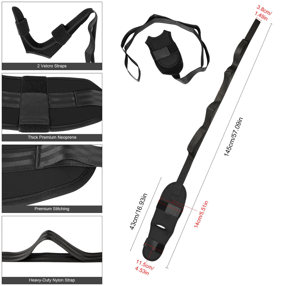Various views of a black fascia stretcher for flexibility and leg rehabilitation showing different strap types and dimensions