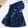 A dark blue kids winter waterproof hooded jacket with bright cyan line art patterns.