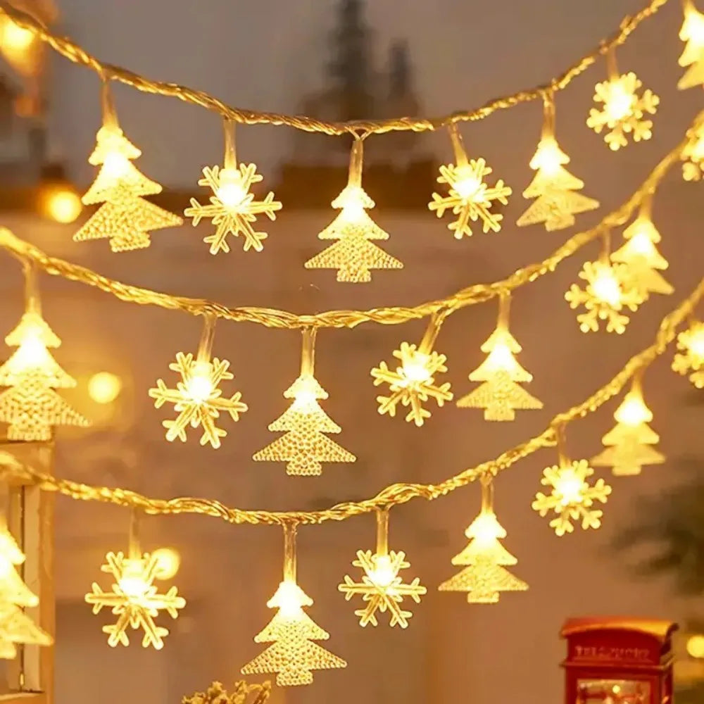 سلسلة أضواء LED ذهبية لعيد الميلاد تعمل بالبطارية بتصميم أشجار ورقاقات ثلجية