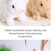 A fluffy white bunny plush toy is shown in a close-up, demonstrating lifelike movements.