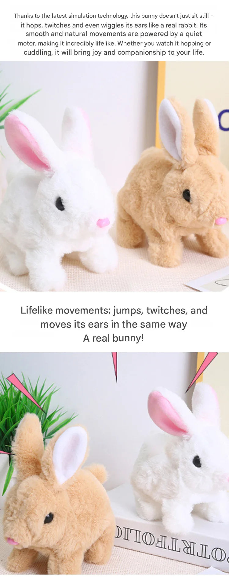 A fluffy white bunny plush toy is shown in a close-up, demonstrating lifelike movements.