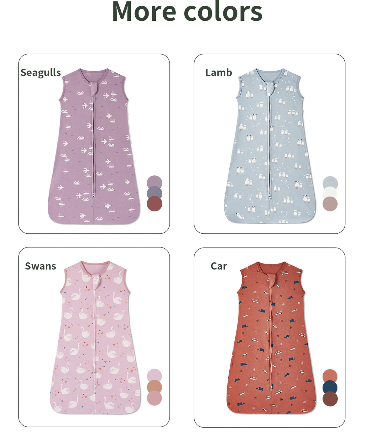 A collection of cotton baby sleeping sacks in various colors including purple, light blue, and coral.