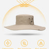 A beige men's wide brim mesh bucket hat shown against a light background, highlighting its compressible, dew prevention, and 