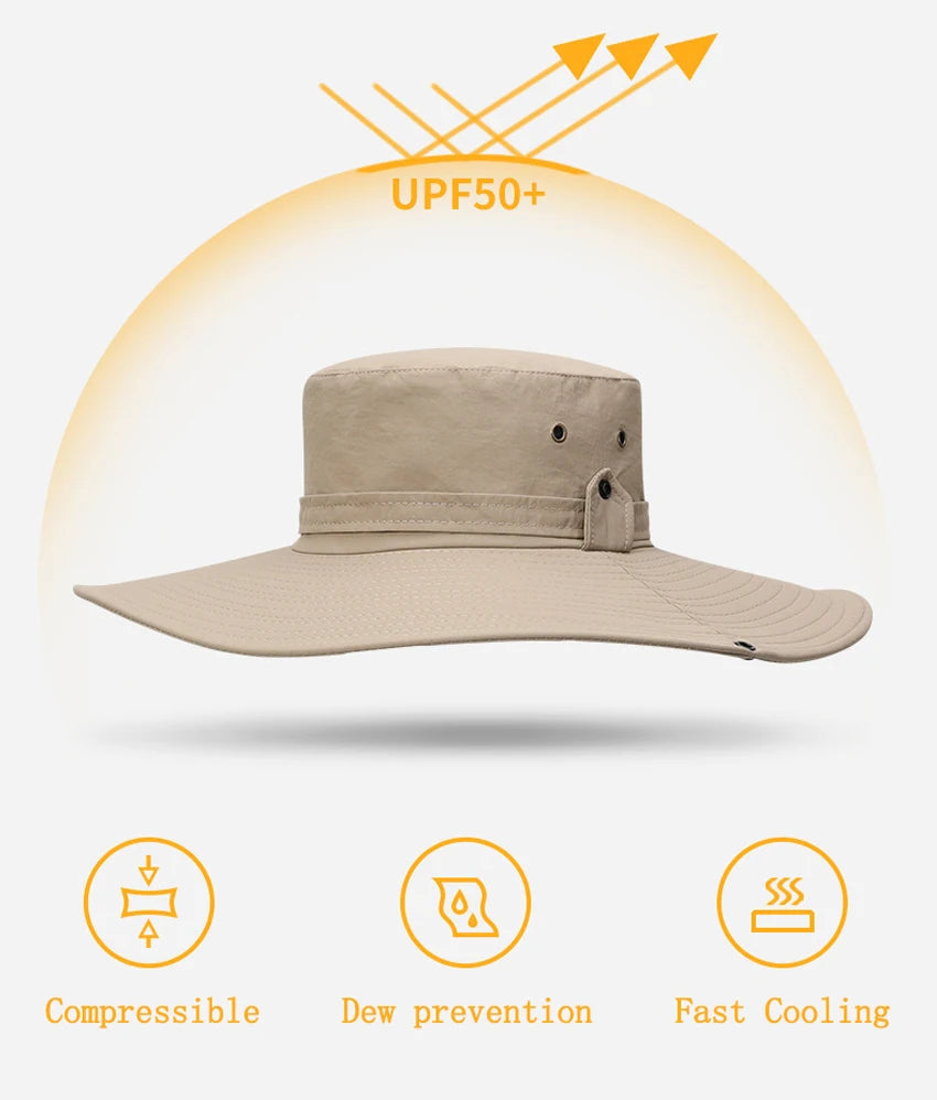 A beige men's wide brim mesh bucket hat shown against a light background, highlighting its compressible, dew prevention, and 