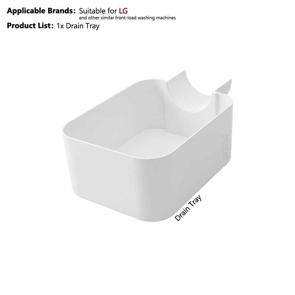 A white drain tray designed to catch water from a washing machine, suitable for LG and similar front-load models.