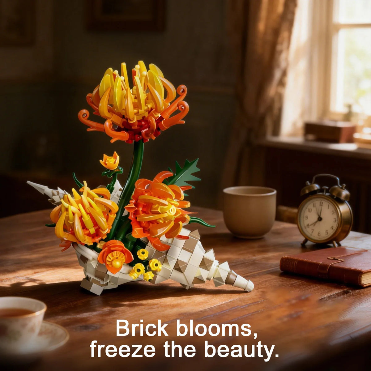 A sculpture made of orange and yellow brick blooms, designed to freeze the beauty.