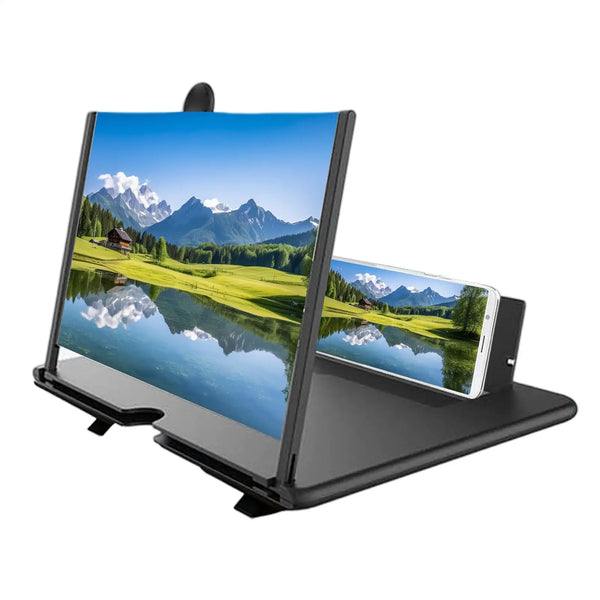 A portable 3D phone screen magnifier is shown, displaying a scenic landscape reflection.