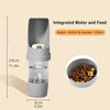 Botella de agua portátil gris para perros con recipiente integrado para comida.
