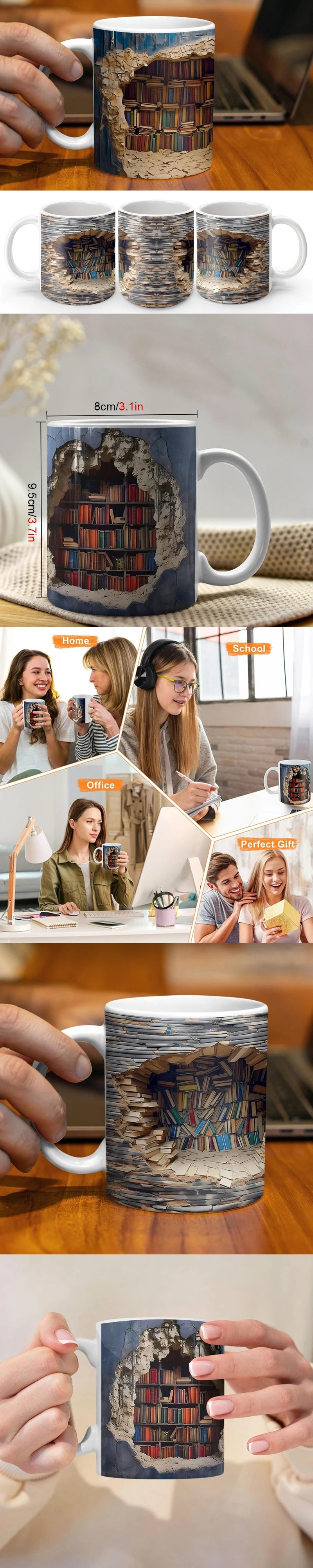 Keramisk kaffekopp med detaljert illustrasjon av en bokhylle i et steinete landskap.