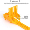 Orange adjustable woodworking dowel drilling guide with front and rear adjustment slots.