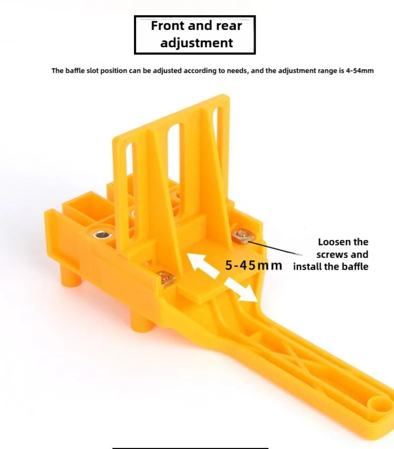 Orange adjustable woodworking dowel drilling guide with front and rear adjustment slots.