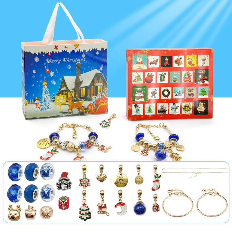 A colorful advent calendar featuring 24 days of Christmas charms and bracelets, alongside various jewelry items.