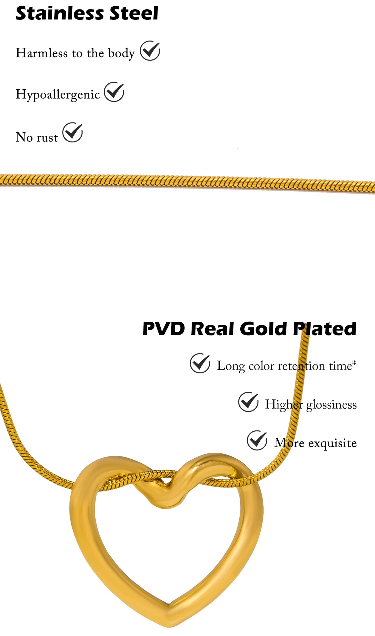A gold heart pendant necklace featuring a thin snake chain, made from PVD real gold plated stainless steel.