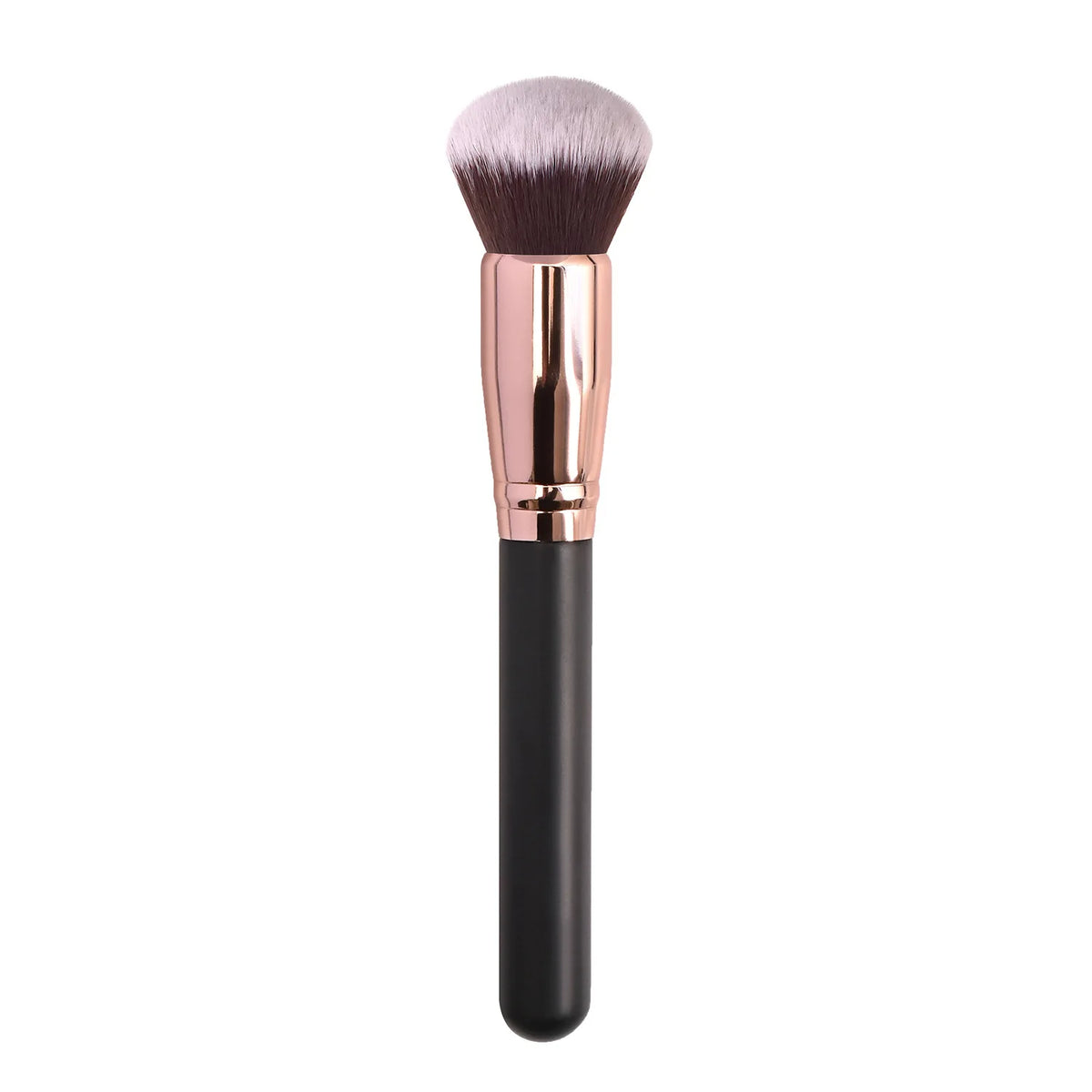 A professional makeup brush with a pink bristles and gold ferrule on a black handle.