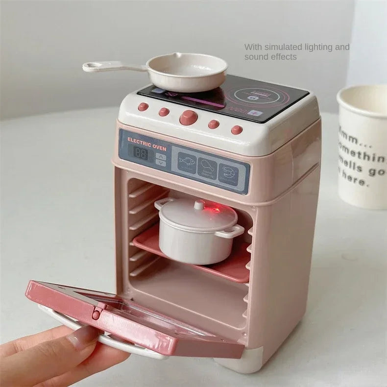 A pink pretend play kitchen set featuring an electric oven, coffee maker, and other kitchen appliances.