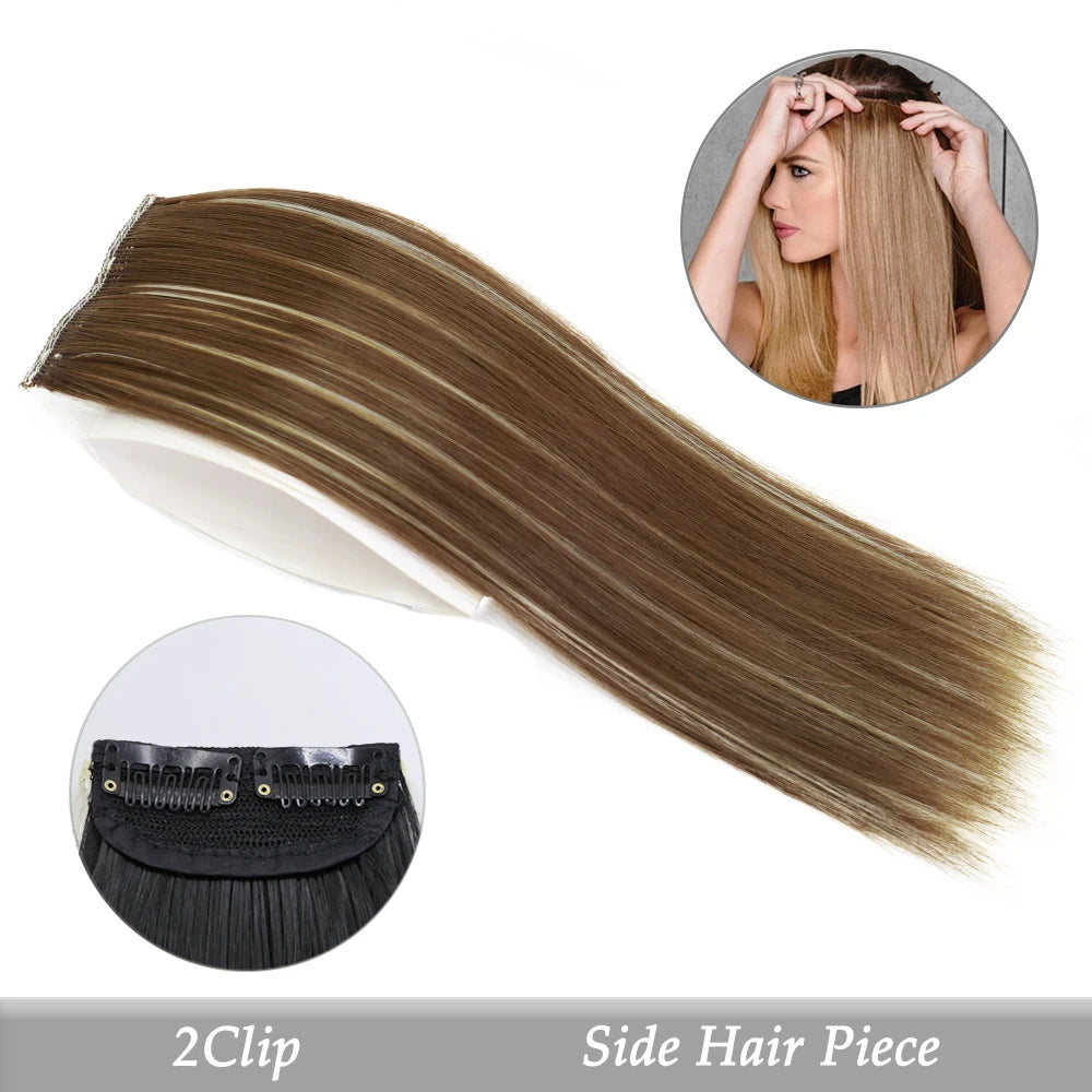 A side hair piece of long, straight brown hair shown with a close-up of the clip-in section.
